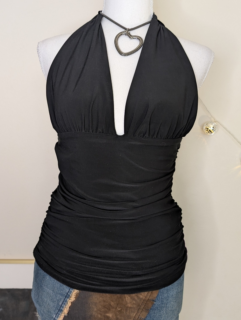 Vintage Black Halter Plunge Ruched Tank